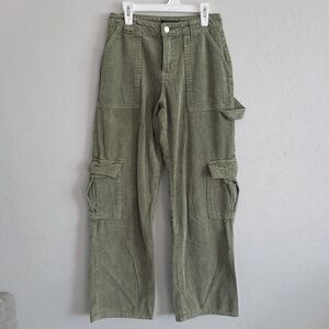Forever 21 Juniors Wale Cargo Wide Leg Olive Green Corduroy Pants Grunge Sz XS